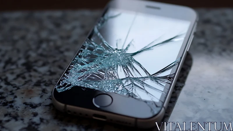 Shattered smartphone screen on granite surface in close focus.