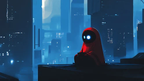 Red cloaked robot figure on rooftop in blue cityscape.