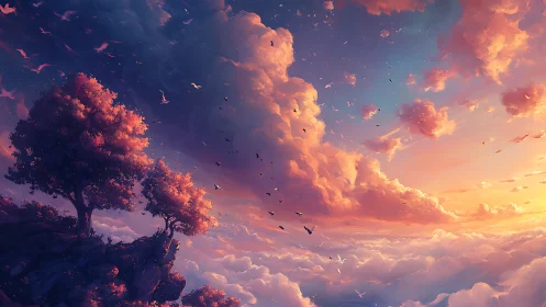 Sunset cloudscape over cliffs with glowing dream trees.
