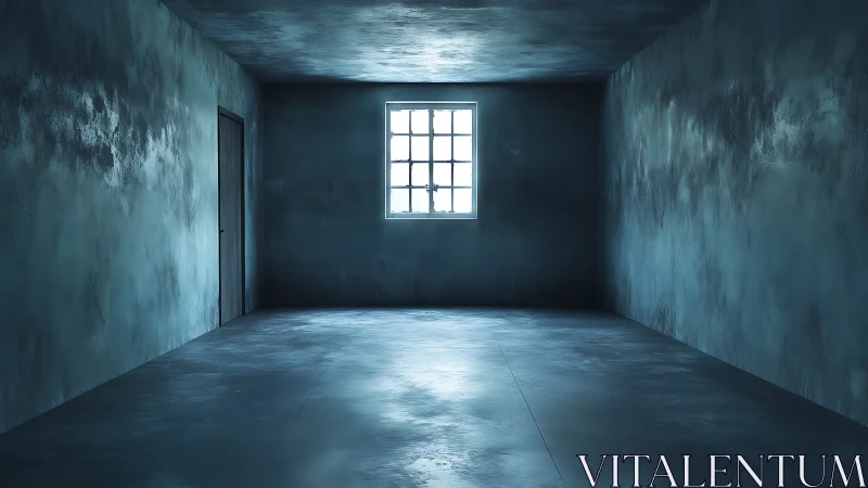 Empty concrete room with cold blue atmospheric light.