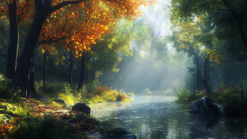 Whispered Waterway: Autumn's Luminous Sanctuary.