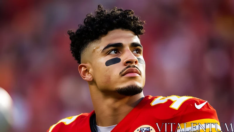 Professional football player in red uniform on sideline field.