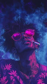 Neon-lit portrait of smoker in ultraviolet rim light and vapor clouds
