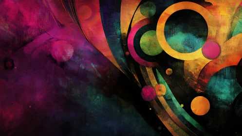 Vibrant abstract circles cut through textured cosmic haze.