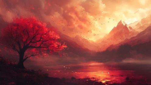 Red tree by reflective lake under glowing mountain sky.