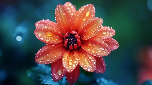 Macro Red Dahlia with Water Droplets and Bokeh Background