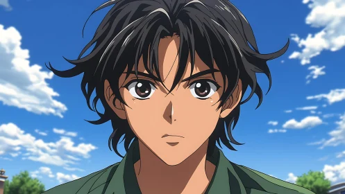 Close-frame anime portrait under high-frequency cloud field.