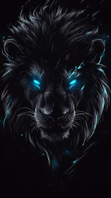 Neon eyed lion head in dark digital illustration profile.
