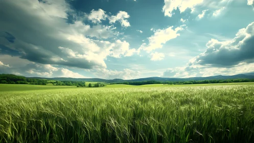 Wide-angle barley meadow under dynamic cumulus skyscape.