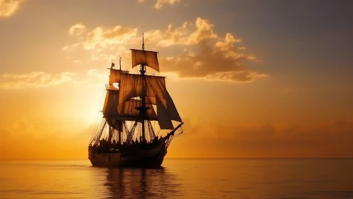 Historic tall ship silhouette sails across luminous sunset