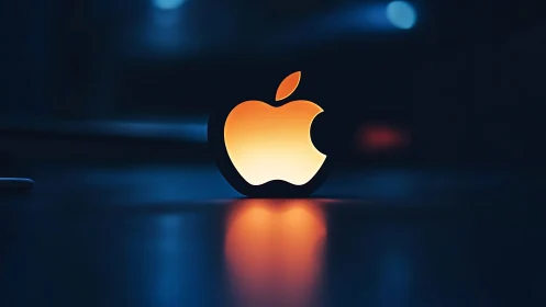 Photorealistic glowing logo sculpture on dark bokeh surface.