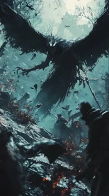 Gigantic shadow crow descends over battlefield with dynamic motion blur