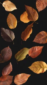 Orthogonal array of autumn beech leaves on void-black field.