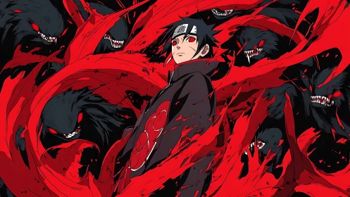 Dark anime warrior commands raging crimson shadow beasts