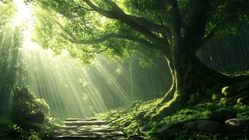 Sunlit forest giant pours emerald light across a mossy path
