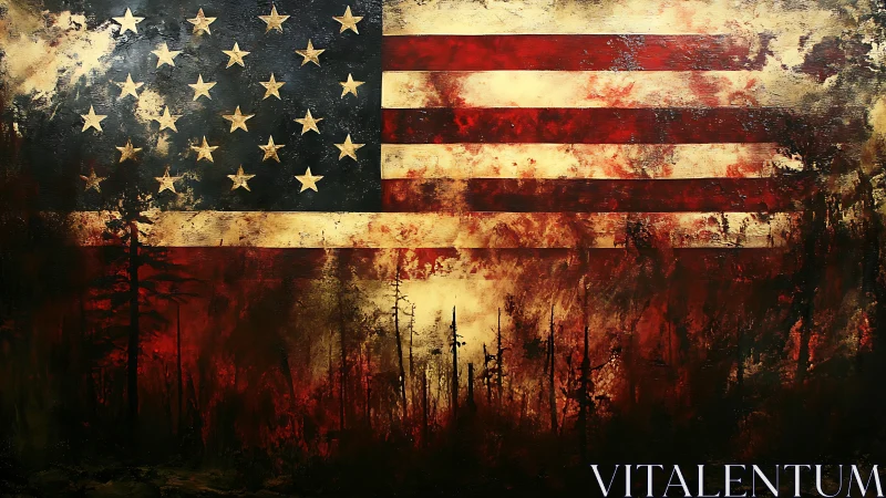 Distressed American flag with barren landscape