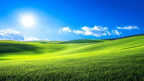 Sunlit green hills under deep blue midday sky panorama.