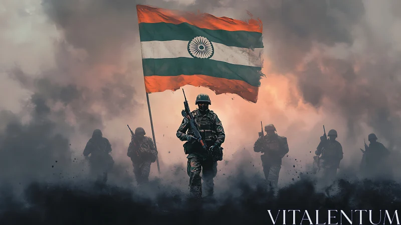 Indian soldiers advance under national flag in heavy smoke.