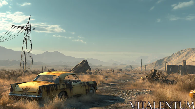 Abandoned yellow car in wide dry post apocalyptic desert scene.