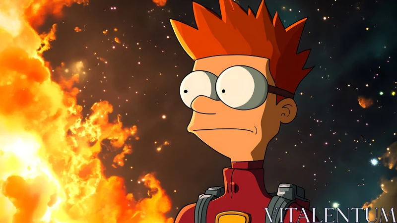 Brave red haired space explorer gazes into a fiery galaxy