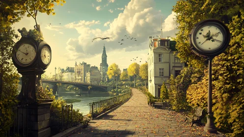 Riverside promenade with twin clocks in warm autumn light.