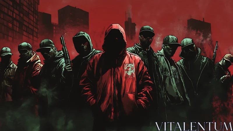 Hooded urban group with weapons in red city background.
