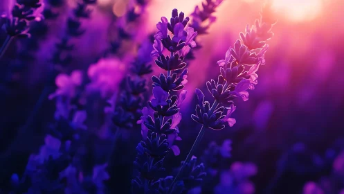 Purple lavender flowers glowing in evening light with soft background bokeh