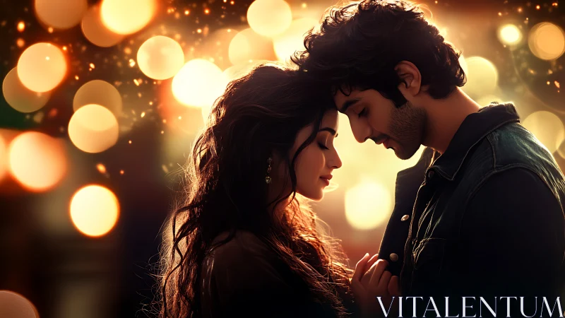 Romantic Couple Silhouetted Against Warm Golden Bokeh.