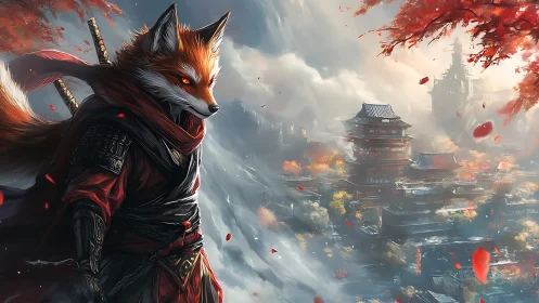 Fox-headed warrior stands before mist-covered tiered cityscape