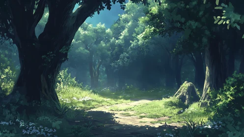 Forest pathway through ancient trees with dappled sunlight.