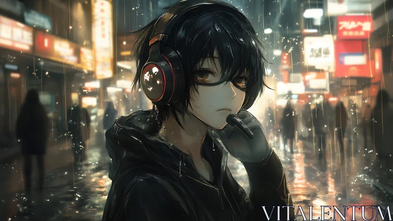 Nocturnal city rainscape with headphone-wired urban drifter.