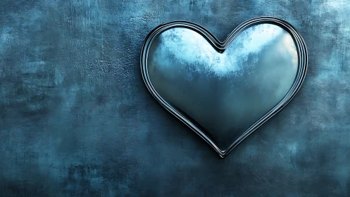 Metallic Heart Form Against Textured Blue Background.