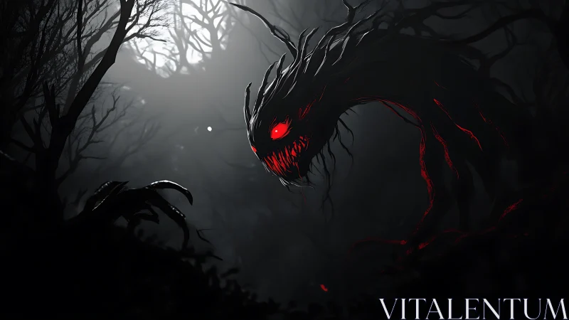 Moonlit forest nightmare with a red eyed shadow beast.