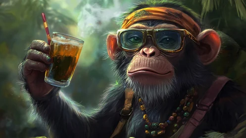Jungle hipster chimp toasts the afternoon with fizzy swagger