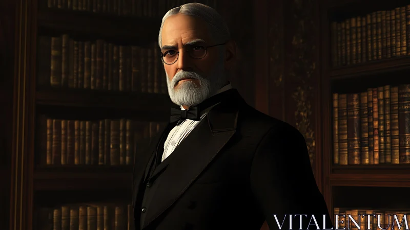 Stern scholar in velvet shadows of an old-world library.