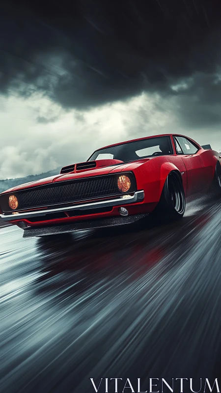 Crimson muscle car slicing rain slick asphalt under tempests.