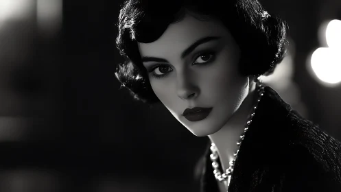 Monochrome cinematic portrait of elegant woman in pearls