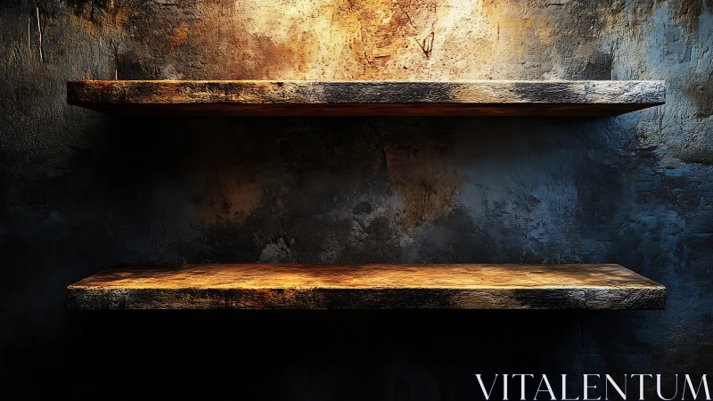 Weathered wooden wall shelves under dramatic raking light