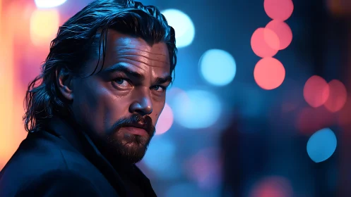 Cinematic male portrait in neon bokeh, shallow depth focus