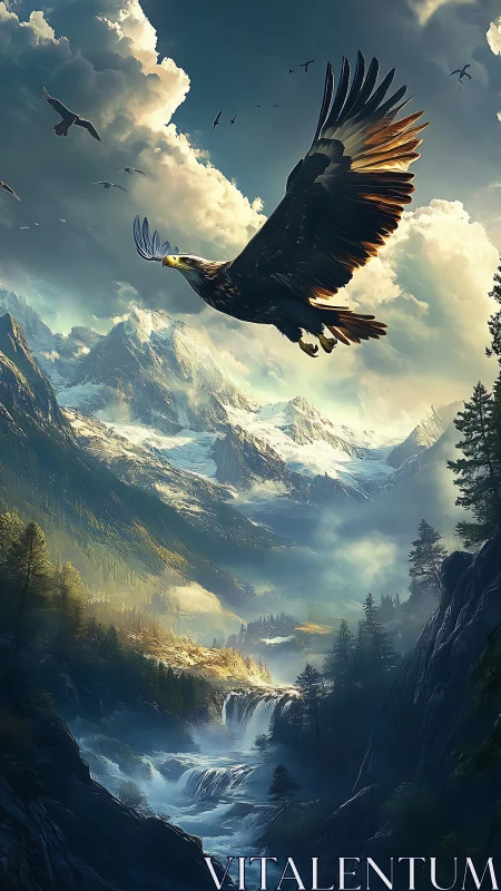 Majestic eagle soaring above dramatic alpine waterfall.
