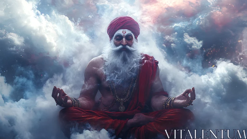 Celestial yogi in meditative asana amid volumetric storm clouds
