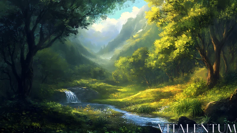 Enchanted Valley Stream Through Ancient Forest Landscape