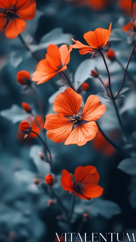 Orange flowers blooming against contrasting dark background foliage.