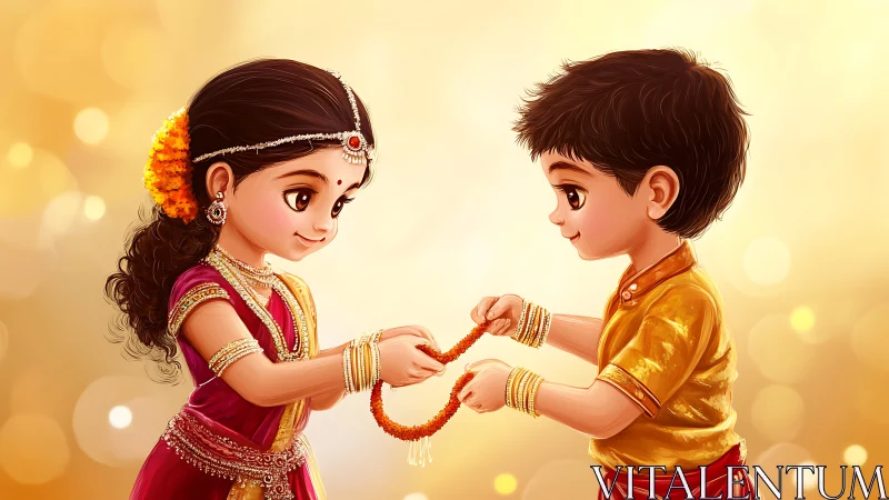 Children in Traditional Indian Attire Exchanging Rakhi.