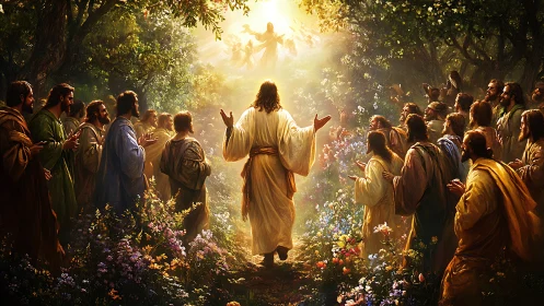 Religious scene with robed central figure and followers.