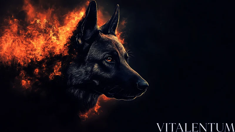 Fiery guardian hound emerging from midnight shadows.