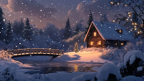 Snowflakes drift while a riverside cabin glows like memory