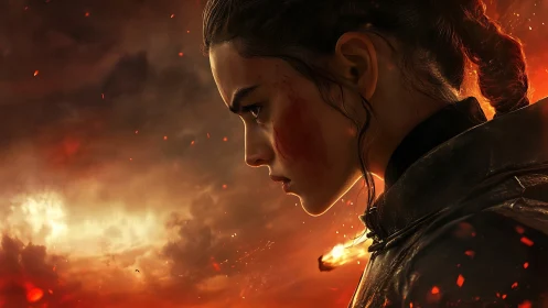 Young warrior in ember-lit sky pausing between storms.