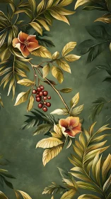 Digital botanical panel with hibiscus florals on green field.