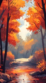 Autumn Forest Stream with Maple Foliage